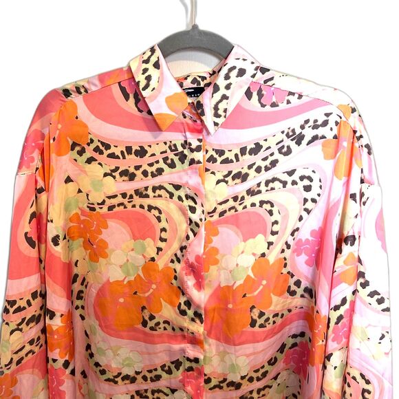 ASOS Oversized Satin Swirl Floral Print Women’s Leopard Accent Long Sleeve - Picture 3 of 8